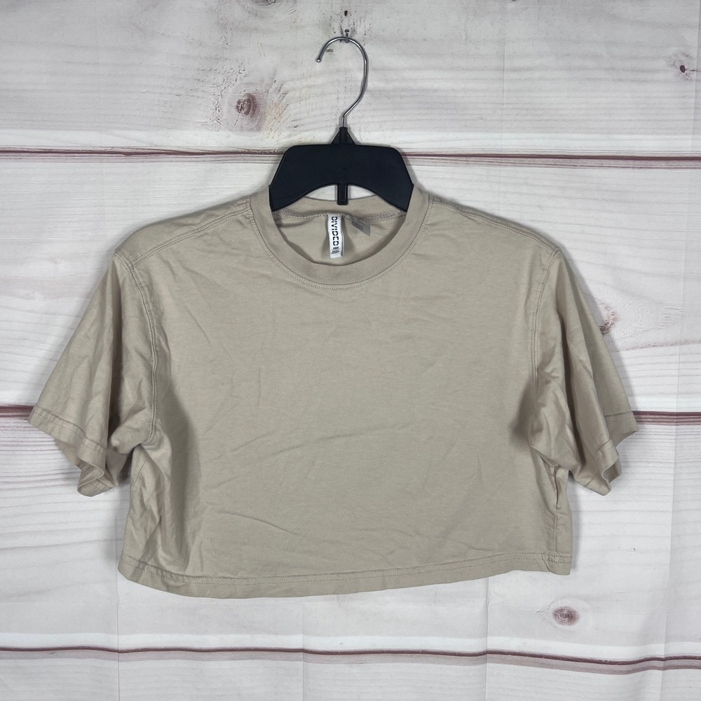 Divided H&M T-Shirt Womens Medium Beige Crop Top Short Sleeve Cotton Crew Neck